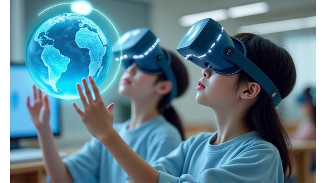한국 학생들이 VR 헤드셋을 통해 가상현실 STEM 시뮬레이션을 체험하는 모습