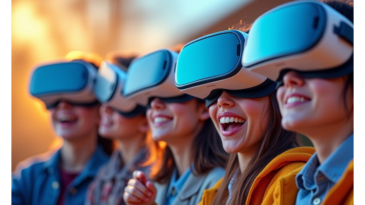 활짝 웃는 얼굴의 다양한 연령대 학생들이 VR 헤드셋을 착용하고 한국 전통 건축물 앞에서 환호하는 장면. 성공적인 학습 경험을 나타냅니다.